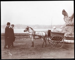 Kaksi miestä, poni ja kärry, New York, 1910 tai 1911 (hopeagelatiiniprintti)